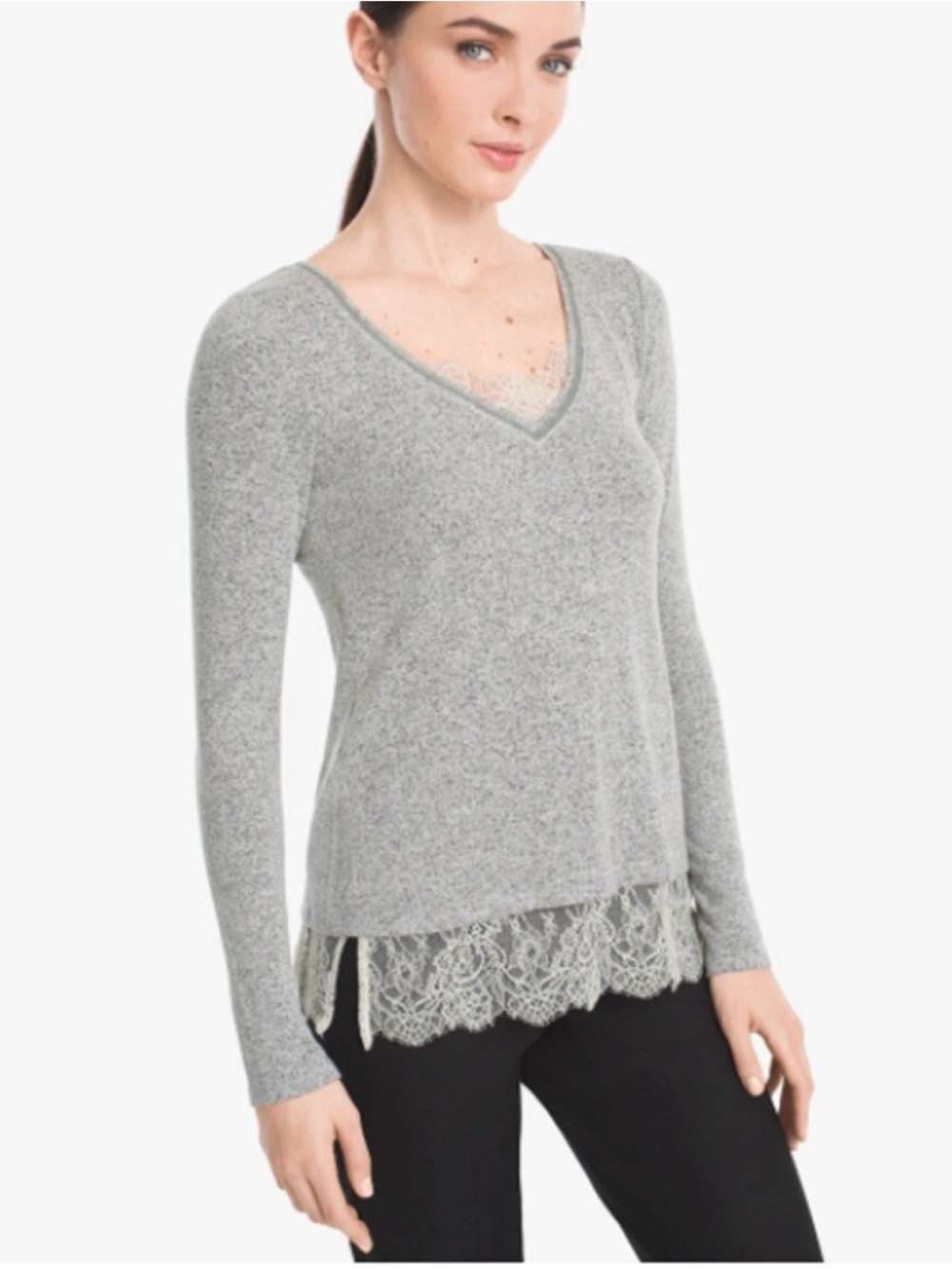White House Black Market V Neck Top Sweater Lace Trim Size Small Gray Casual